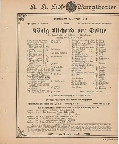 k. k. Hof = Burgtheater Wien: Theaterzettel Shakespeare KÖNIG RICHARD DER DRITTE 1. Oktober 1911. 