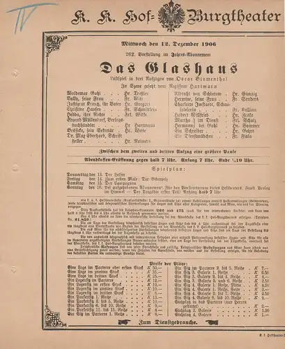 k. k. Hof = Burgtheater Wien: Theaterzettel Oscar Blumenthal DAS GLASHAUS 12. Dezember 1906. 