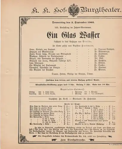 k. k. Hof = Burgtheater Wien: Theaterzettel Scribe EIN GLAS WASSER 3. September 1903. 
