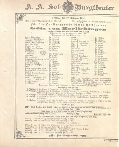 k. k. Hof = Burgtheater Wien: Theaterzettel Goethe GÖTZ VON BERLICHINGEN 27. Februar 1916. 