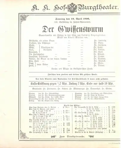 k. k. Hof = Burgtheater Wien: Theaterzettel Ludwig Anzengruber DER G'WISSENSWURM 19. April 1896. 