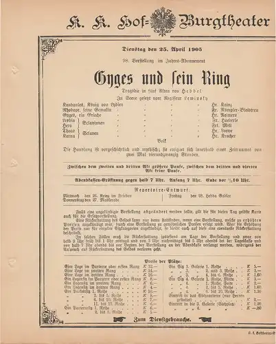 k. k. Hof = Burgtheater Wien: Theaterzettel Hebbel GYGES UND SEIN RING 25. April 1905. 