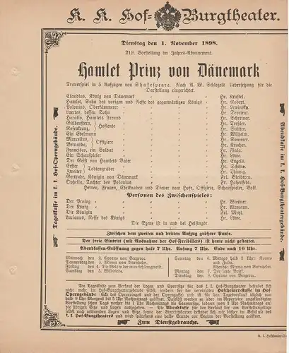 k. k. Hof = Burgtheater Wien: Theaterzettel Shakespeare HAMLET PRINZ VON DÄNEMARK 1. November 1898. 