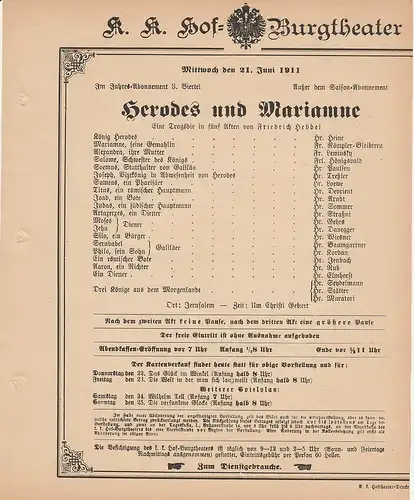 k. k. Hof = Burgtheater Wien: Theaterzettel Friedrich Hebbel HERODES UND MARIANNE 21. Juni 1911. 