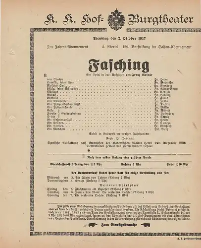 k. k. Hof = Burgtheater Wien: Theaterzettel Franz Molnar FASCHING 2. Oktober 1917. 