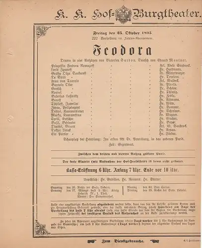 k. k. Hof = Burgtheater Wien: Theaterzettel Victorien Sardou FEODORA 25. Oktober 1895. 