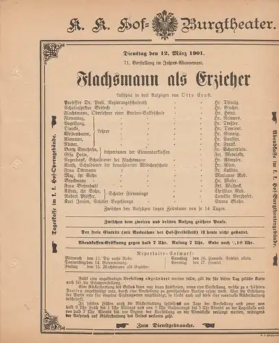 k. k. Hof = Burgtheater Wien: Theaterzettel Otto Ernst FLACHSMANN ALS ERZIEHER 12. März 1901. 