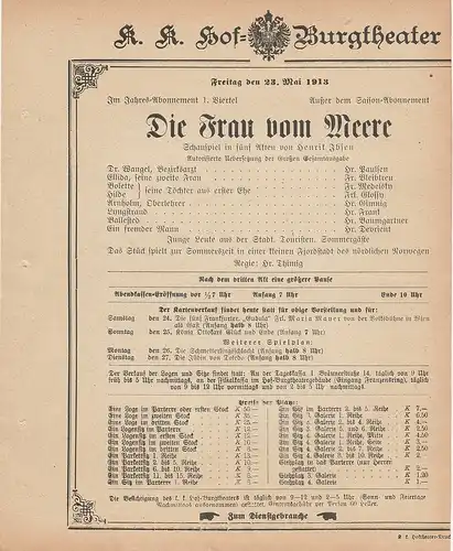 k. k. Hof = Burgtheater Wien: Theaterzettel Henrik Ibsen DIE FRAU VOM MEERE 23. Mai 1913. 