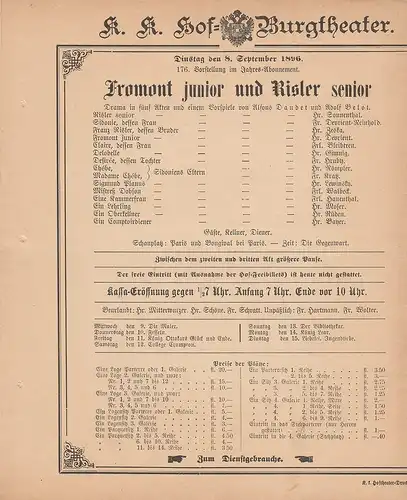 k. k. Hof = Burgtheater Wien: Theaterzettel Alfons Daudet / Adolf Belot FROMONT JUNIOR UND RISLER SENIOR 8. September 1896. 