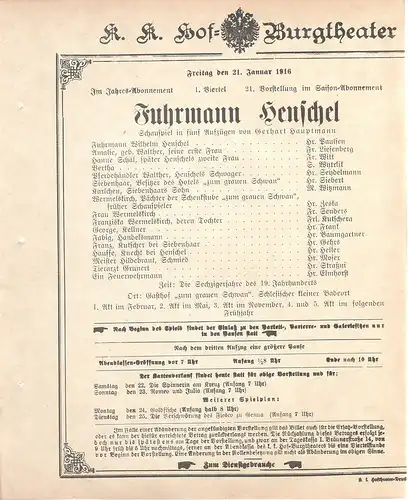 k. k. Hof = Burgtheater Wien: Theaterzettel Gerhart Hauptmann FUHRMANN HENSCHEL 21. Januar 1916. 