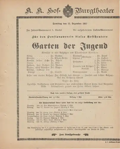 k. k. Hof = Burgtheater Wien: Theaterzettel Thaddäus Ritter GARTEN DER JUGEND 15. Dezember 1917. 