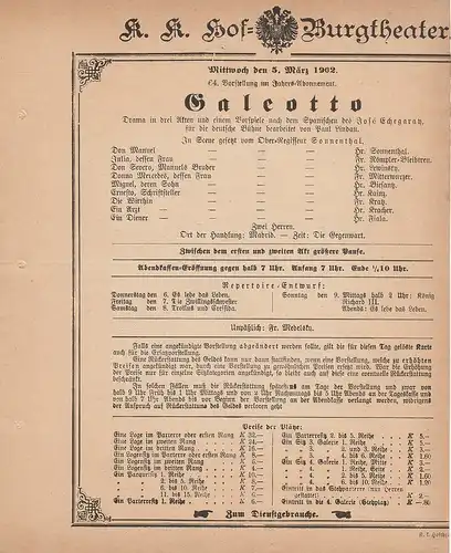 k. k. Hof = Burgtheater Wien: Theaterzettel Jose Echegaray GALEOTTO 5. März 1902. 