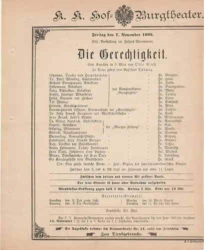 k. k. Hof = Burgtheater Wien: Theaterzettel Otto Ernst DIE GERECHTIGKEIT 7. November 1902. 