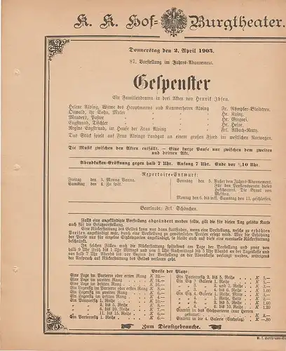 k. k. Hof = Burgtheater Wien: Theaterzettel Henrik Ibsen GESPENSTER 2. April 1903. 