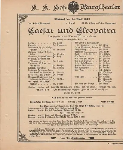 k. k. Hof = Burgtheater Wien: Theaterzettel Bernard Shaw CAESAR UND CLEOPATRA 24. April 1912. 