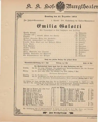 k. k. Hof = Burgtheater Wien: Theaterzettel Lessing EMILIA GALOTTI 21. Dezember 1912. 