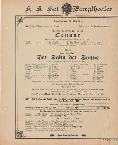 k. k. Hof = Burgtheater Wien: Theaterzettel von Berger OENONE / DER SOHN DER SONNE 20. Mai 1916. 