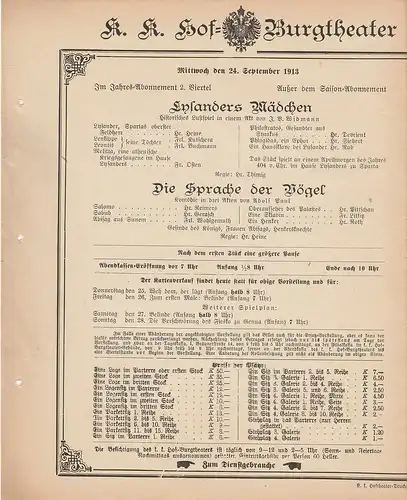 k. k. Hof = Burgtheater Wien: Theaterzettel Widmann / Paul LYSANDERS MÄDCHEN / DIE SPRACHE DER VÖGEL 24. September 1913. 