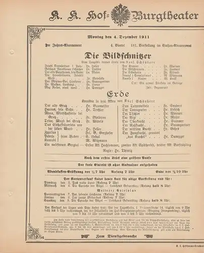 k. k. Hof = Burgtheater Wien: Theaterzettel Karl Schönherr DIE BILDSCHNITZER / ERDE 4. Dezember 1911. 