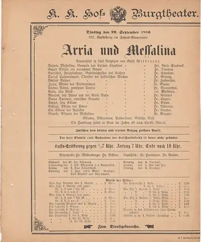 k. k. Hof = Burgtheater Wien: Theaterzettel Adolf Wilbrandt ARRIA UND MESSALINA 29. September 1896. 