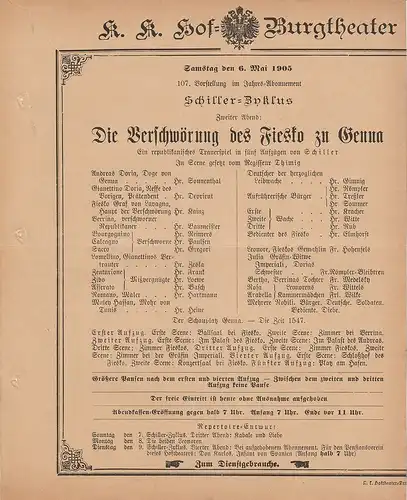 k. k. Hof = Burgtheater Wien: Theaterzettel Schiller DIE VERSCHWÖRUNG DES FIESKO zu GENUA 6. Mai 1905. 