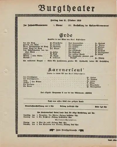 Burgtheater Wien: Theaterzettel Karl Schönherr ERDE / KARRNERLEUT' 31. Oktober 1919. 