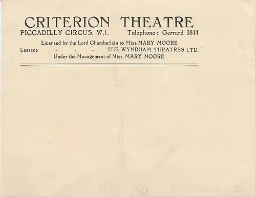 Criterion Theatre, Mary Moore: Criterion Theatre London Ticket Envelope 1928. 