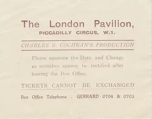 The London Pavilion, Charles B. Cochran´s Production: The London Pavilion Theatre Ticket Envelope 1928. 