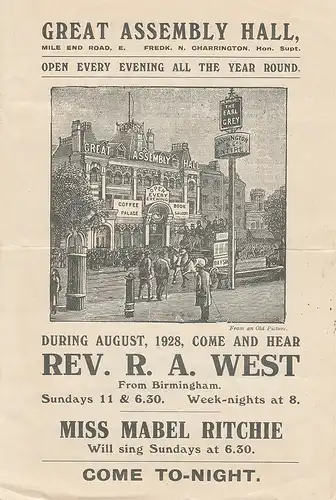Great Assembly Hall Mile End Road: Programmzettel August 1928 REV. R. A. WEST / MISS MABEL RITCHIE. 