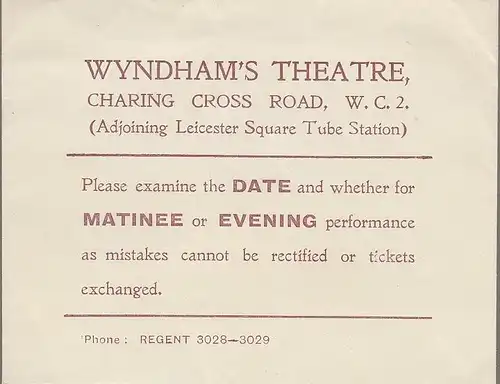 Wyndham´s Theatre: WYNDHAM´S THEATRE LONDON Theatre ticket envelope 1928 mit Ticket. 