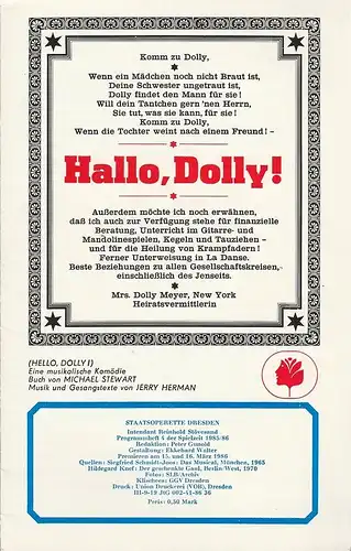 Staatsoperette Dresden, Reinhold Stövesand, Peter Gunold, Ekkehard Walter: Programmheft Jerry Herman: Hallo, Dolly ! ( Hello, Dolly ) Premiere 15. März 1986 Spielzeit 1985 / 86 Heft 4. 