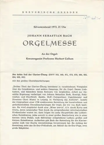 Kreuzkirche Dresden: Programmheft Johann Sebastian Bach ORGELMESSE Silvesterabend 1972. 