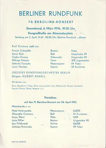 Berliner Rundfunk: Theaterzettel BERLINER RUNDFUNK 70. BEROLINA-KONZERT  6. März 1976 Kongreßhalle am Alexanderplatz. 