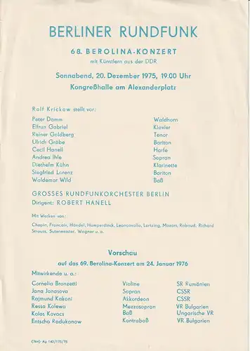 Berliner  Rundfunk: Theaterzettel BERLINER RUNDFUNK 68. BEROLINA-KONZERT 20. Dezember 1975 Kongreßhalle am Alexanderplatz. 