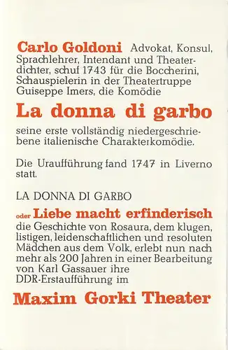 Maxim Gorki Theater, Erika Köllinger: Programmheft Carlo Goldoni LA DONNA DI GARBO oder LIEBE MACHT ERFINDERISCH Premiere 21. Juni 1971. 