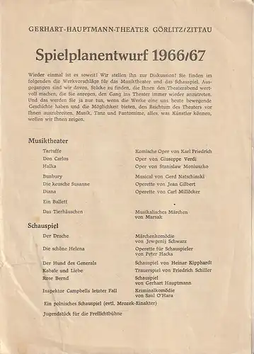 Gerhart-Hauptmann-Theater Görlitz / Zittau: SPIELPLANENTWURF Gerhart-Hauptmann-Theater Görlitz / Zittau 1966 / 1967. 