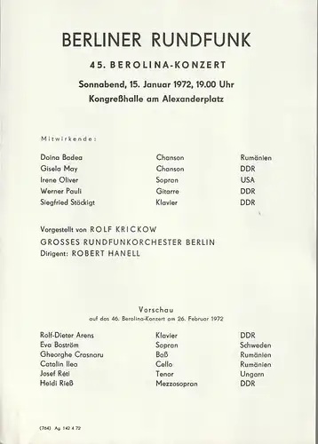 Berliner Rundfunk: Theaterzettel BERLINER RUNDFUNK  45. BEROLINA-KONZERT 15. Januar 1972 Kongreßhalle am Alexanderplatz. 