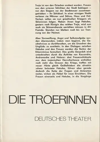 Deutsches Theater Staatstheater der DDR, Wolfgang Heinz, Hans-Rainer John, Klaus Pfützner, Ernst-Frieder Kratochwil, Horst Wodtke, Heinz Roloff: Programmheft Mathias Braun DIE TROERINNEN nach Euripides Premiere 7. Mai 1969 Spielzeit 1968 / 69. 