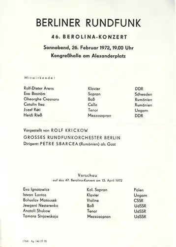 Berliner Rundfunk: Theaterzettel BERLINER RUNDFUNK  46. BEROLINA-KONZERT 26. Februar 1972 Kongreßhalle am Alexanderplatz. 