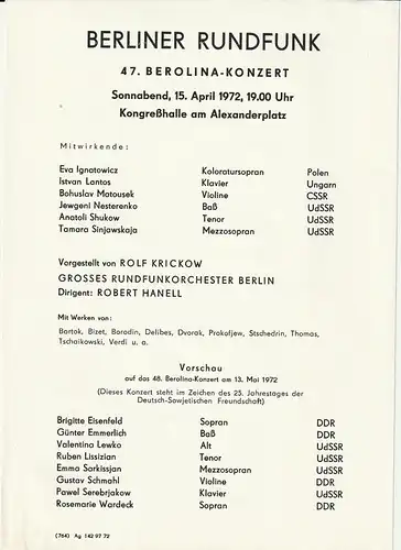 Berliner Rundfunk: Theaterzettel BERLINER RUNDFUNK  47. BEROLINA-KONZERT 15. April 1972 Kongreßhalle am Alexanderplatz. 