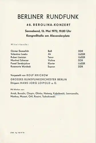 Berliner Rundfunk: Theaterzettel BERLINER RUNDFUNK  48. BEROLINA-KONZERT 13. Mai 1972 Kongreßhalle am Alexanderplatz. 