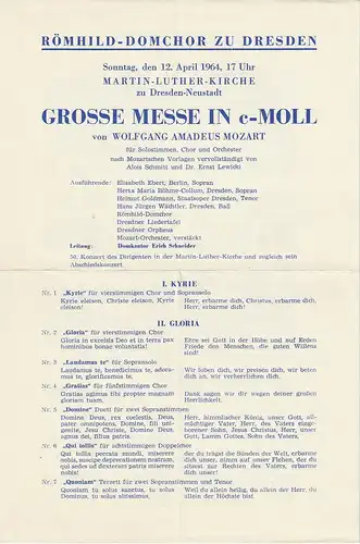 Römhild-Domchor zu Dresden: Programmzettel  Wolfgang Amadeus Mozart GROSSE MESSE IN C-MOLL 12. April 1964 Martin-Luther-Kirche zu Dresden-Neustadt. 