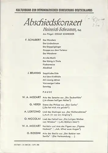 Kulturbund zur Demokratischen Erneuerung Deutschlands: Theaterzettel ABSCHIEDSKONZERT HEINRICH SCHRAMM 1954. 