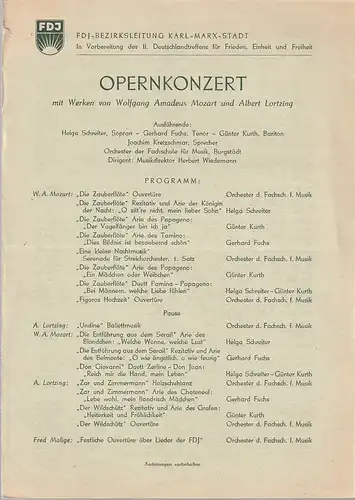 FDJ Bezirksleitung Karl-Marx-Stadt: Theaterzettel OPERNKONZERT ORCHESTER DER FACHHOCHSCHULE FÜR MUSIK BURGSTÄDT ca. 1954. 