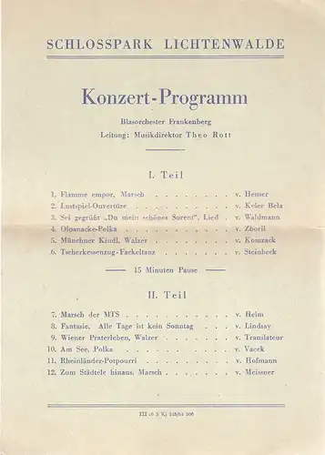 Blasorchester Frankenberg: Theaterzettel KONZERT-PROGRAMM BLASORCHESTER FRANKENBERG Schlosspark Lichtenwalde 1964. 