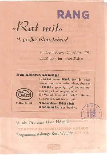 Kurt Wagner: Programmheft RAT MIT ! 4. großer Rätselabend am 24. März 1951 im Luxor-Palast. 