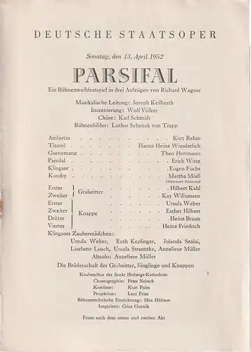 Deutsche Staatsoper: Programmheft Richard Wagner PARSIFAL 13. April 1952. 