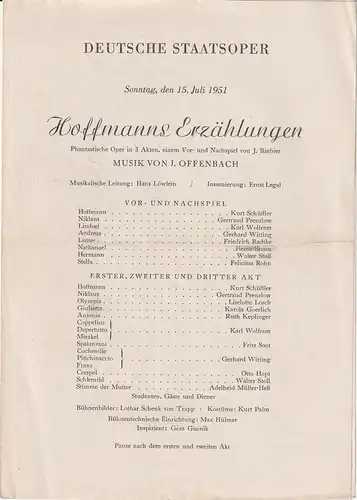 Deutsche Staatsoper: Theaterzettel Jacques Offenbach HOFFMANNS ERZÄHLUNGEN 15. Juli 1951. 