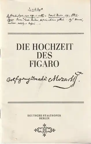 Deutsche Staatsoper Berlin Deutsche Demokratische Republik, Werner Otto, Karl-Heinz Drescher: Programmheft Wolfgang Amadeus Mozart DIE HOCHZEIT DES FIGARO oder DER TOLLE TAG  14. Dezember 1978. 