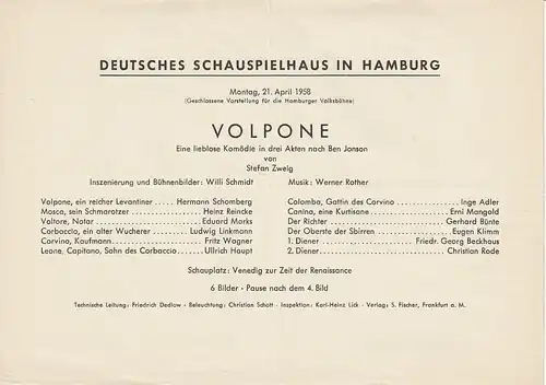 Deutsches Schauspielhaus in Hamburg: Theaterzettel Stefan Zweig VOLPONE 21. April 1958. 